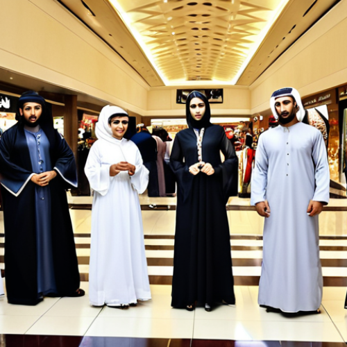 **Prompt:** A bustling Kuwaiti shopping mall showcasing a blend of traditional Arab clothing (dishdasha, abaya) alongside modern Western attire, with families and friends enjoying international cuisine in a luxurious, air-conditioned setting.
