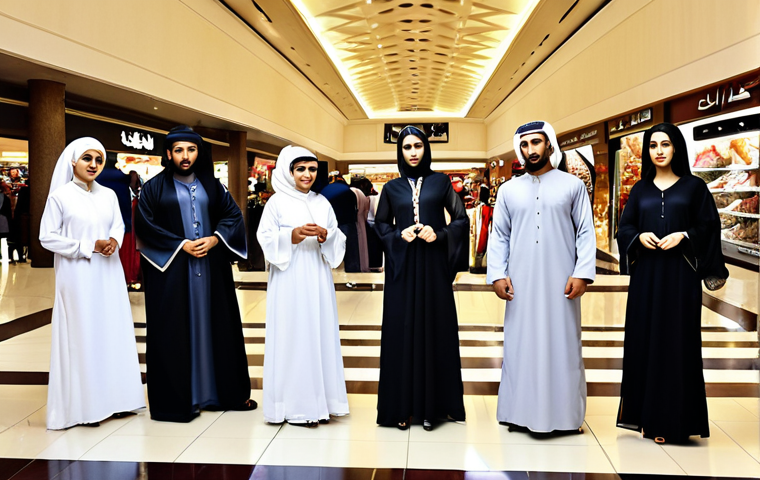 **Prompt:** A bustling Kuwaiti shopping mall showcasing a blend of traditional Arab clothing (dishdasha, abaya) alongside modern Western attire, with families and friends enjoying international cuisine in a luxurious, air-conditioned setting.