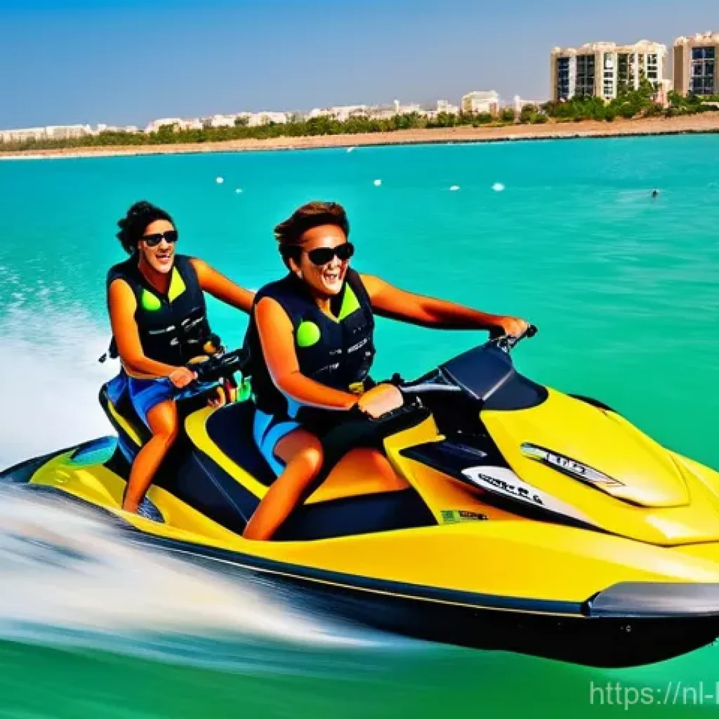 쿠웨이트 해양스포츠 - **Jetskiing Adrenaline on Azure Waters**
    A vibrant, high-energy photograph capturing a group of ...
