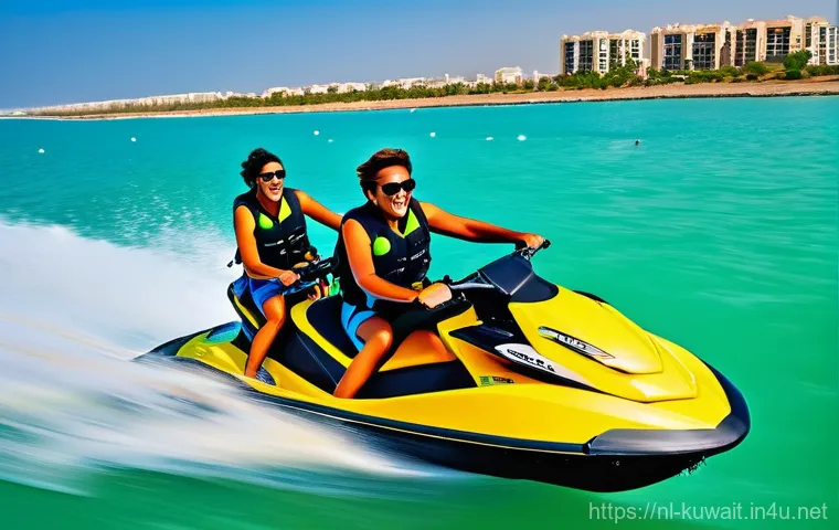 쿠웨이트 해양스포츠 - **Jetskiing Adrenaline on Azure Waters**
    A vibrant, high-energy photograph capturing a group of ...