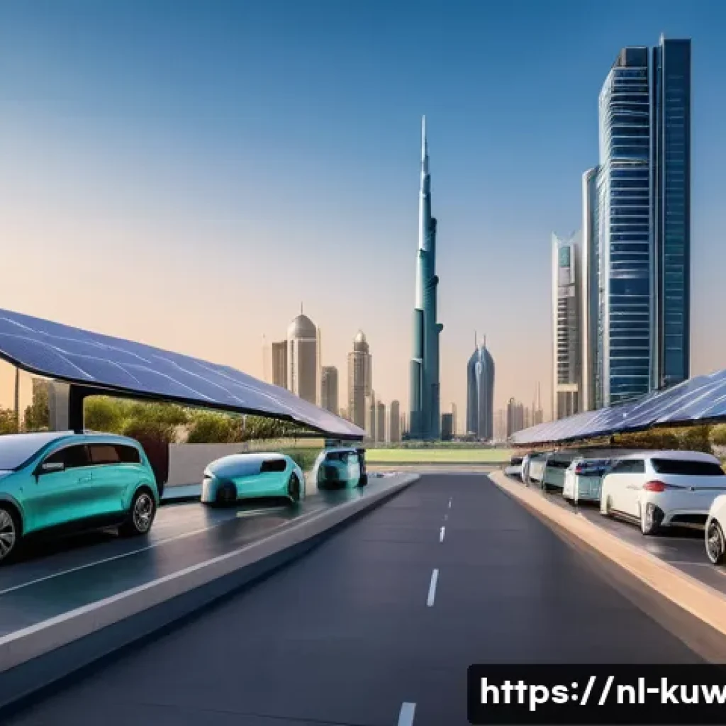 쿠웨이트 도심 내 전기차 충전소 - **Prompt 1: Futuristic Kuwait City Electric Vehicle Scene**
    "A stunning, wide-angle shot of a mo...