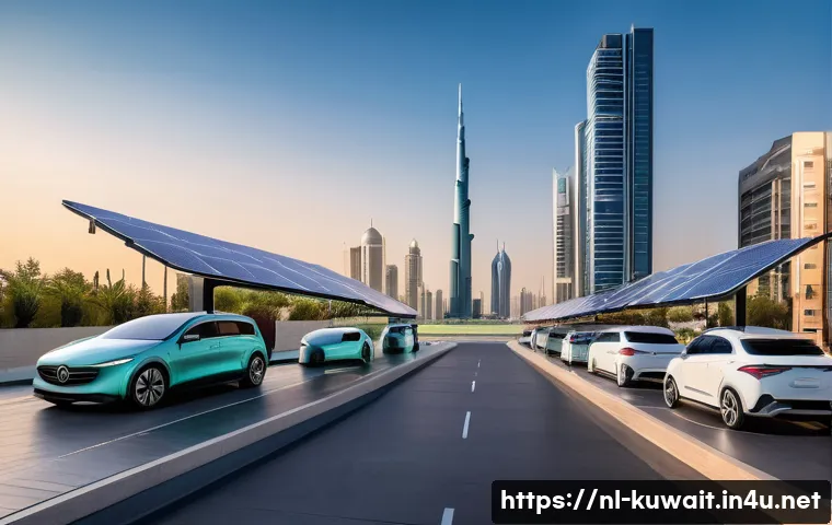 쿠웨이트 도심 내 전기차 충전소 - **Prompt 1: Futuristic Kuwait City Electric Vehicle Scene**
    "A stunning, wide-angle shot of a mo...