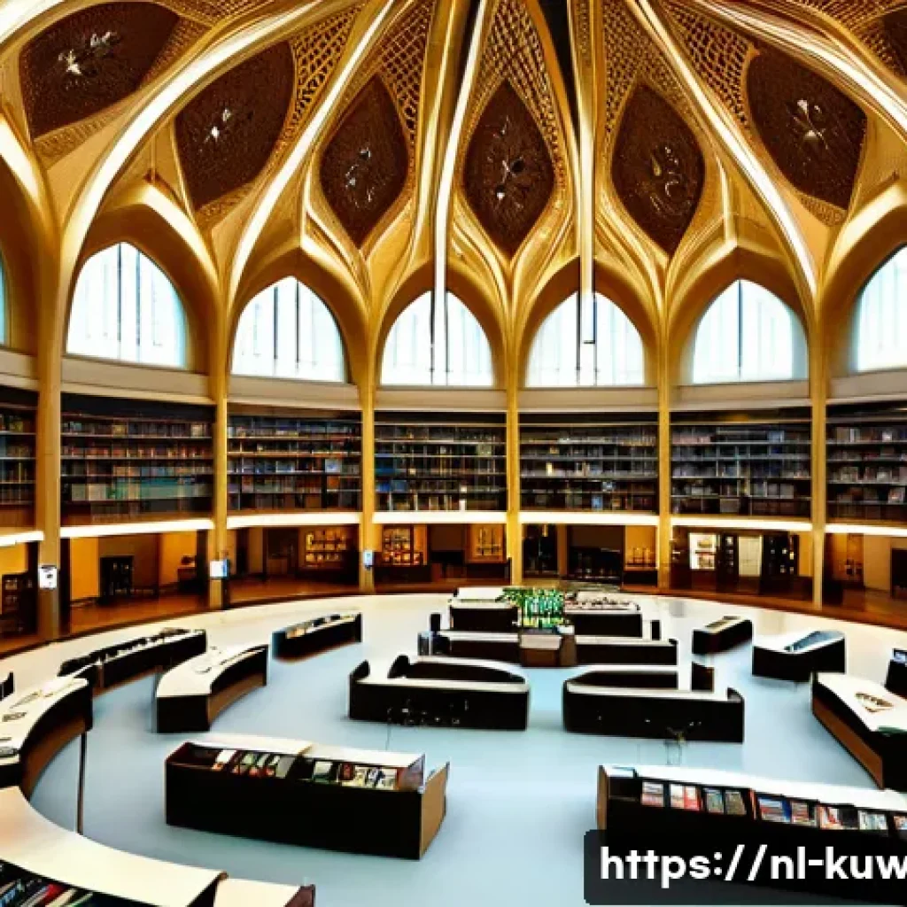 쿠웨이트 국립 도서관 주요 컬렉션 - **Prompt:** Interior of the Kuwait National Library, showcasing its modern architecture blended with...