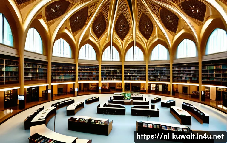 쿠웨이트 국립 도서관 주요 컬렉션 - **Prompt:** Interior of the Kuwait National Library, showcasing its modern architecture blended with...