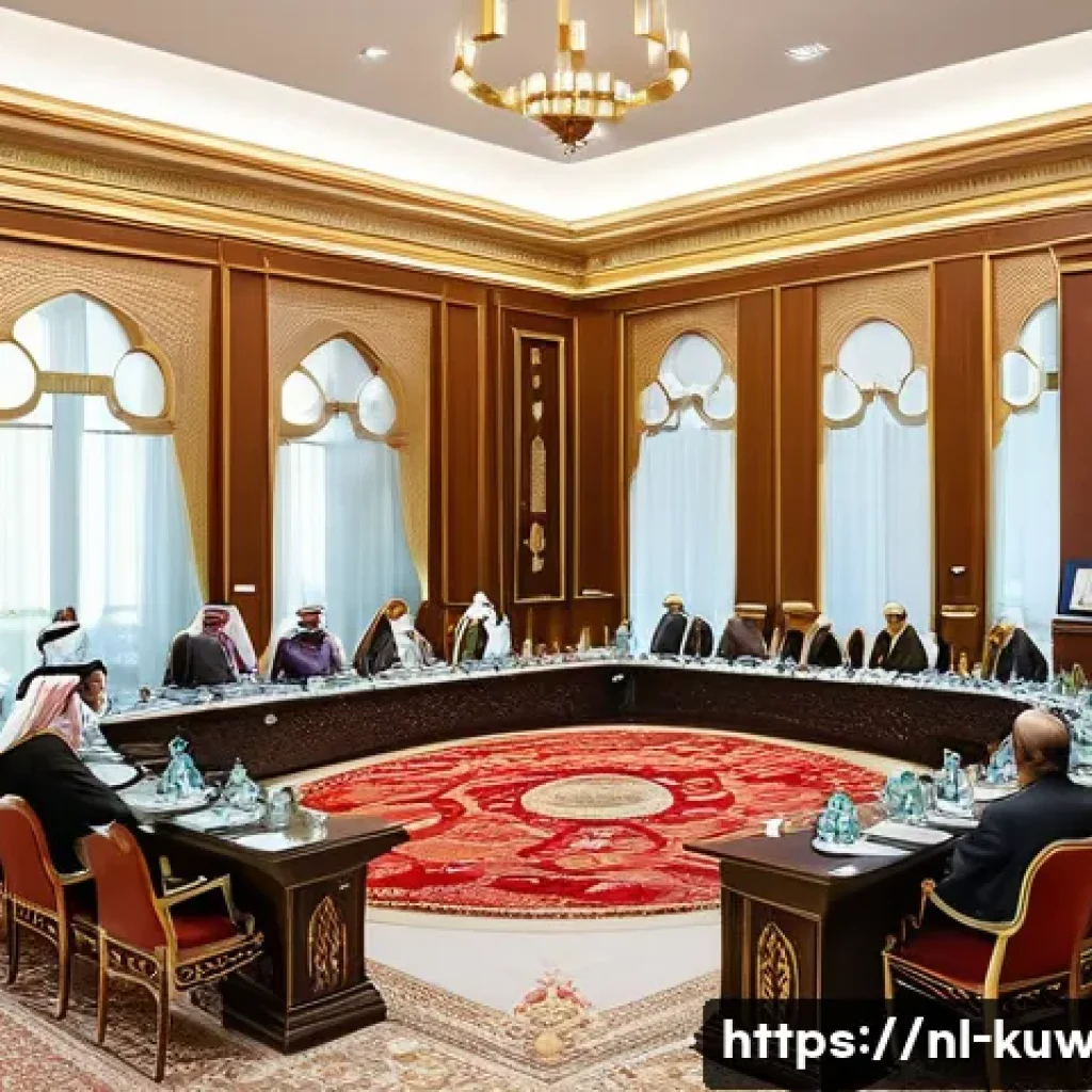 쿠웨이트 외교 관계 분석 - A professional and sophisticated scene depicting a high-level diplomatic meeting within a grand hall...