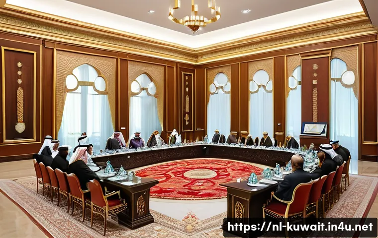 쿠웨이트 외교 관계 분석 - A professional and sophisticated scene depicting a high-level diplomatic meeting within a grand hall...