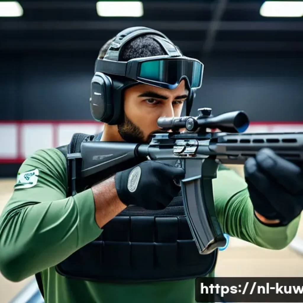 쿠웨이트 올림픽 출전 기록 - A determined Kuwaiti male athlete practicing precision shooting in a modern indoor shooting range, w...