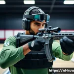 쿠웨이트 올림픽 출전 기록 - A determined Kuwaiti male athlete practicing precision shooting in a modern indoor shooting range, w...