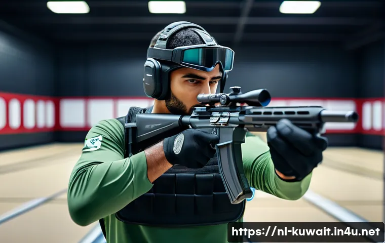 쿠웨이트 올림픽 출전 기록 - A determined Kuwaiti male athlete practicing precision shooting in a modern indoor shooting range, w...