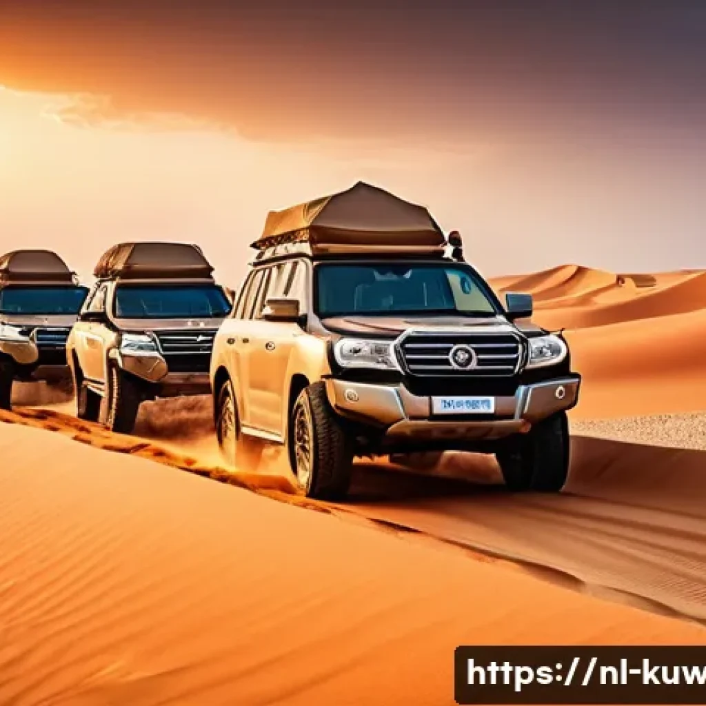 쿠웨이트의 인기 야외 활동 - A vibrant desert safari scene in Kuwait at sunset, featuring a convoy of rugged 4x4 vehicles driving...