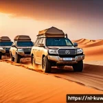 쿠웨이트의 인기 야외 활동 - A vibrant desert safari scene in Kuwait at sunset, featuring a convoy of rugged 4x4 vehicles driving...