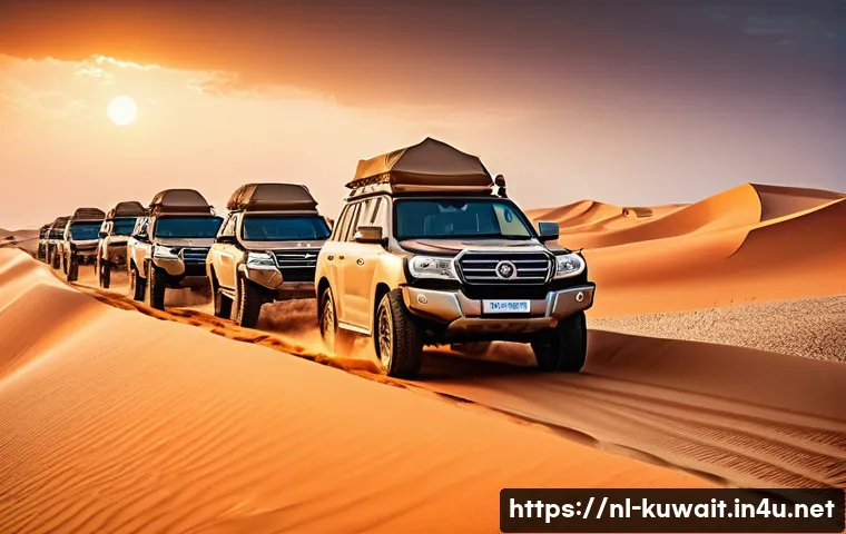 쿠웨이트의 인기 야외 활동 - A vibrant desert safari scene in Kuwait at sunset, featuring a convoy of rugged 4x4 vehicles driving...