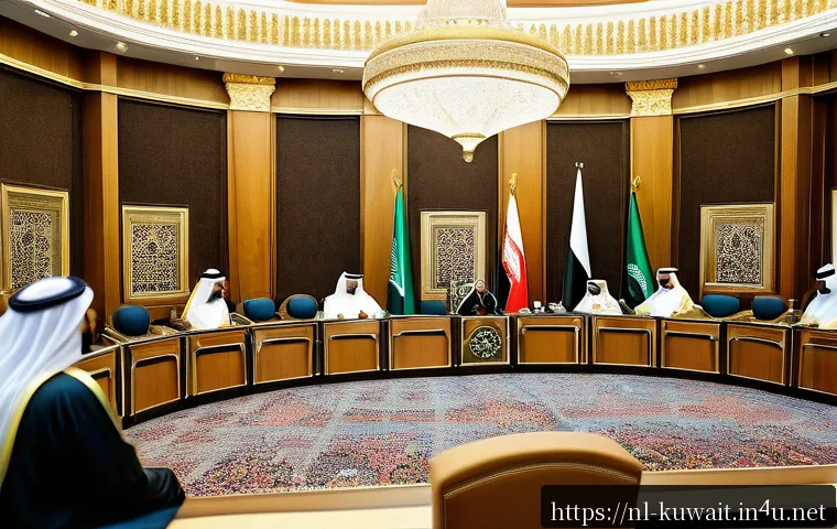 쿠웨이트와 사우디 관계 비교 - A detailed political illustration contrasting Kuwait’s constitutional emirate system and Saudi Arabi...