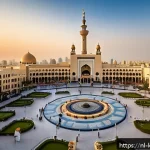 쿠웨이트 달전광장 방문 팁 - A panoramic view of Freedom Square in Kuwait City at golden hour, showcasing the blend of traditiona...