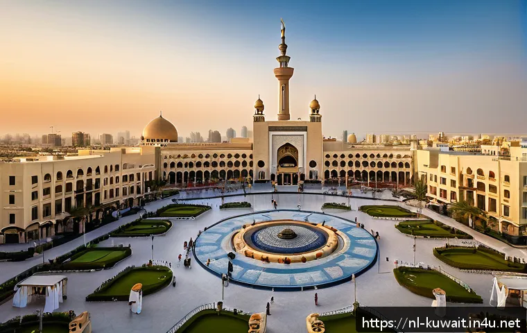 쿠웨이트 달전광장 방문 팁 - A panoramic view of Freedom Square in Kuwait City at golden hour, showcasing the blend of traditiona...