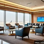 쿠웨이트 공항의 주요 시설 - A spacious and stylish airport lounge interior at Kuwait International Airport, featuring modern com...