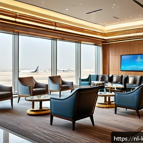 쿠웨이트 공항의 주요 시설 - A spacious and stylish airport lounge interior at Kuwait International Airport, featuring modern com...