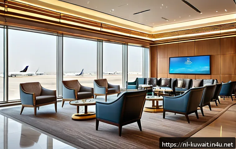 쿠웨이트 공항의 주요 시설 - A spacious and stylish airport lounge interior at Kuwait International Airport, featuring modern com...