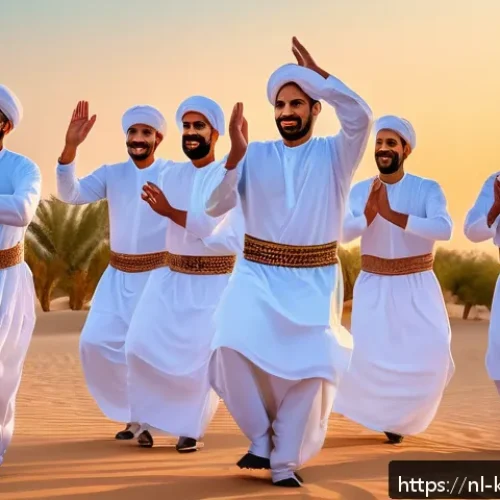 쿠웨이트 전통 춤 - A vibrant traditional Kuwaiti dance scene during a festive outdoor celebration at sunset, featuring ...