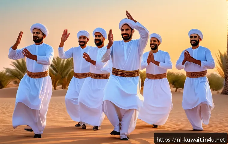 쿠웨이트 전통 춤 - A vibrant traditional Kuwaiti dance scene during a festive outdoor celebration at sunset, featuring ...