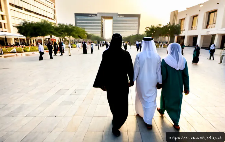 Home 17 쿠웨이트 인구 구성 - Photorealistic wide-angle scene in a modern Kuwait City public plaza, a balanced mix of Kuwaiti fami...